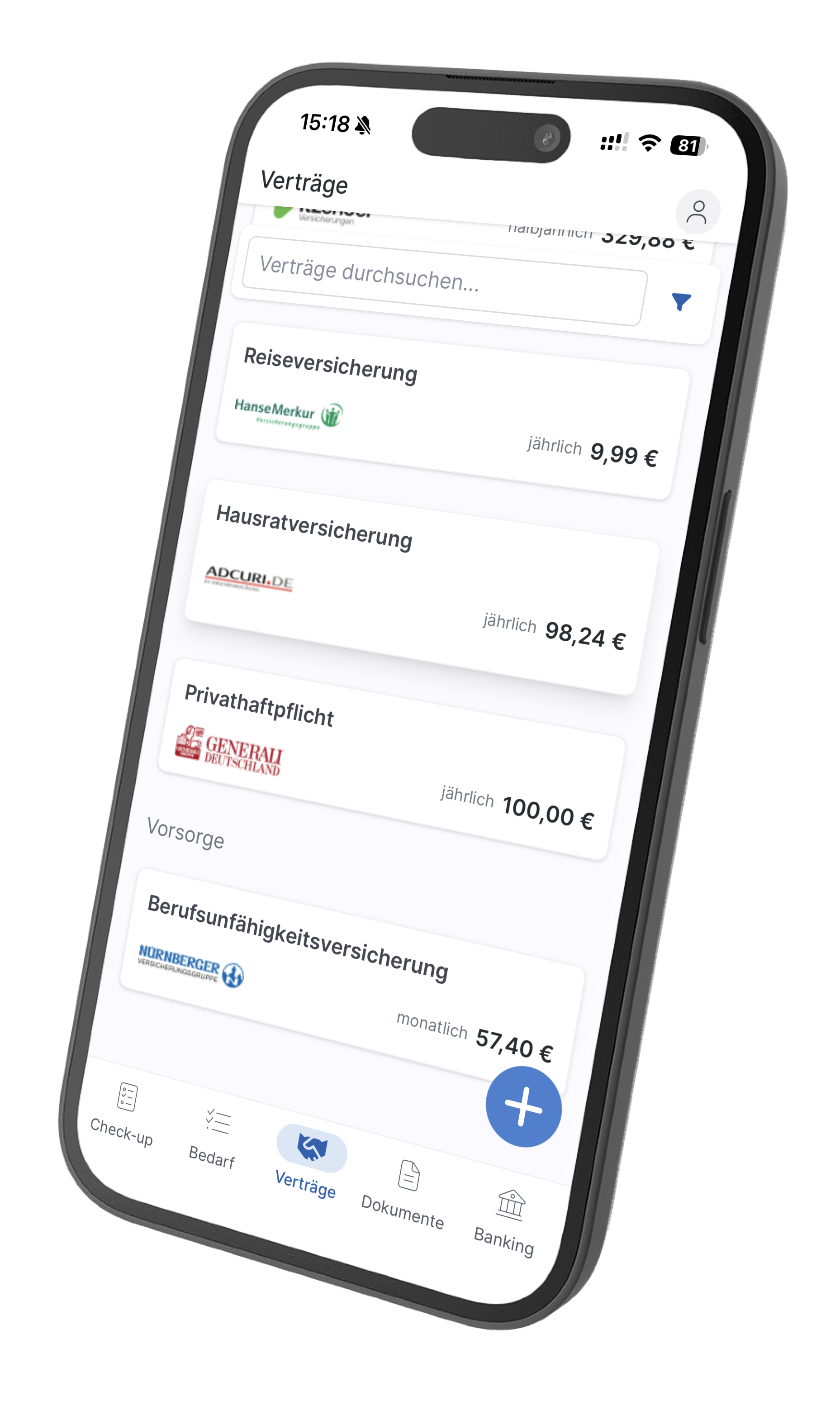 Finanzmanager-App mit Vertragsübersicht