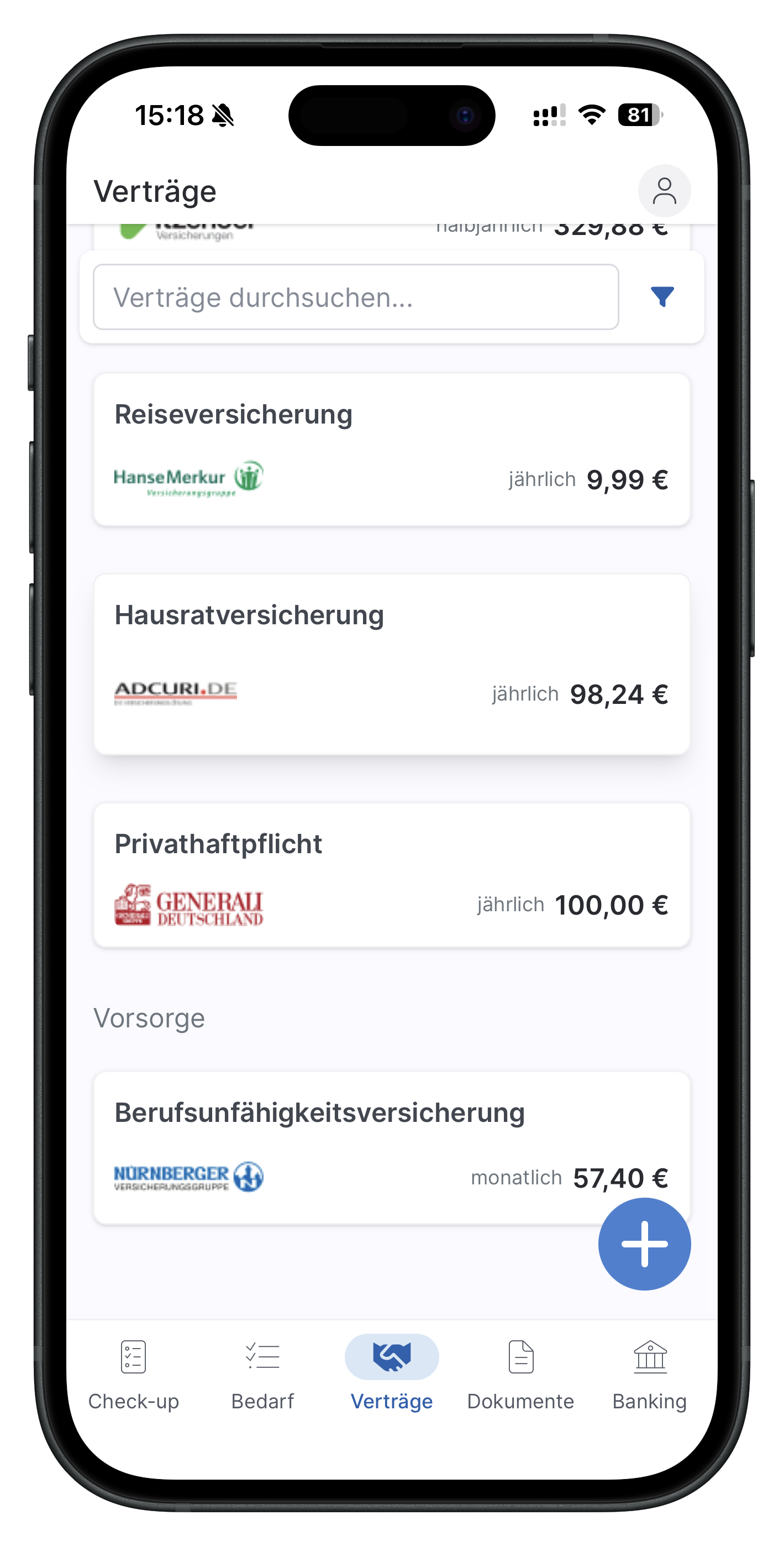 Finanzmanager: Übersicht der Verträge